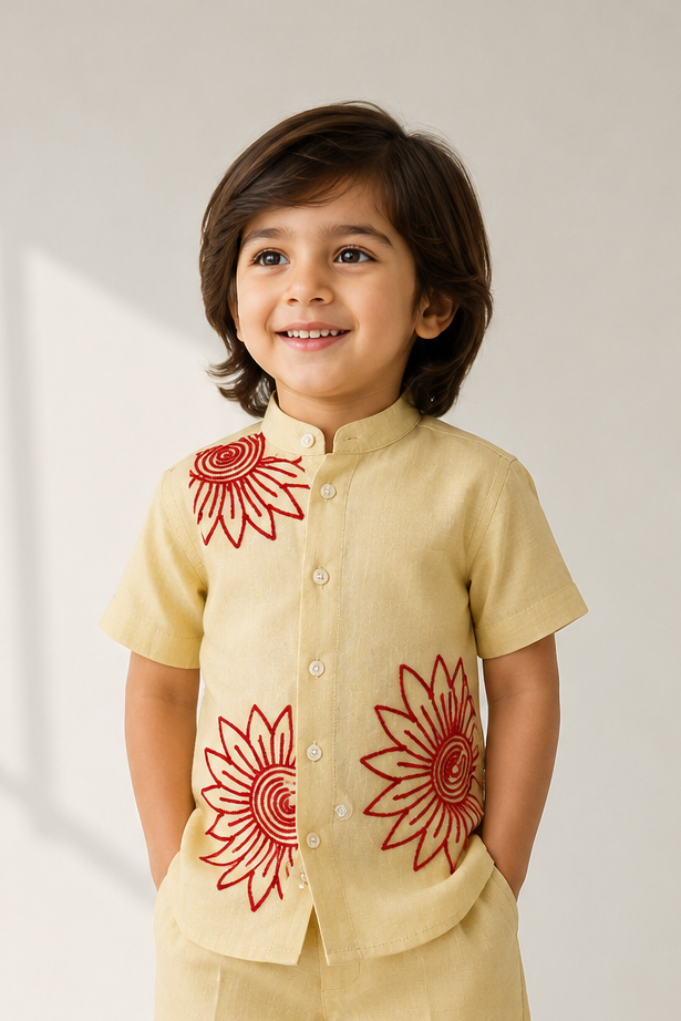 ONAM2026 -019-RED AARIWORK KASAVU SHIRT