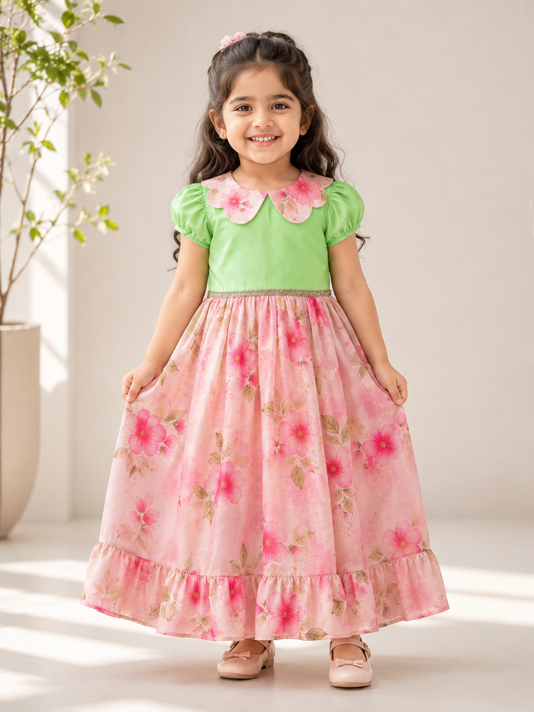 BABY BLOOM- SC906 APPLE GREEN PINK DESIGNER FROCK