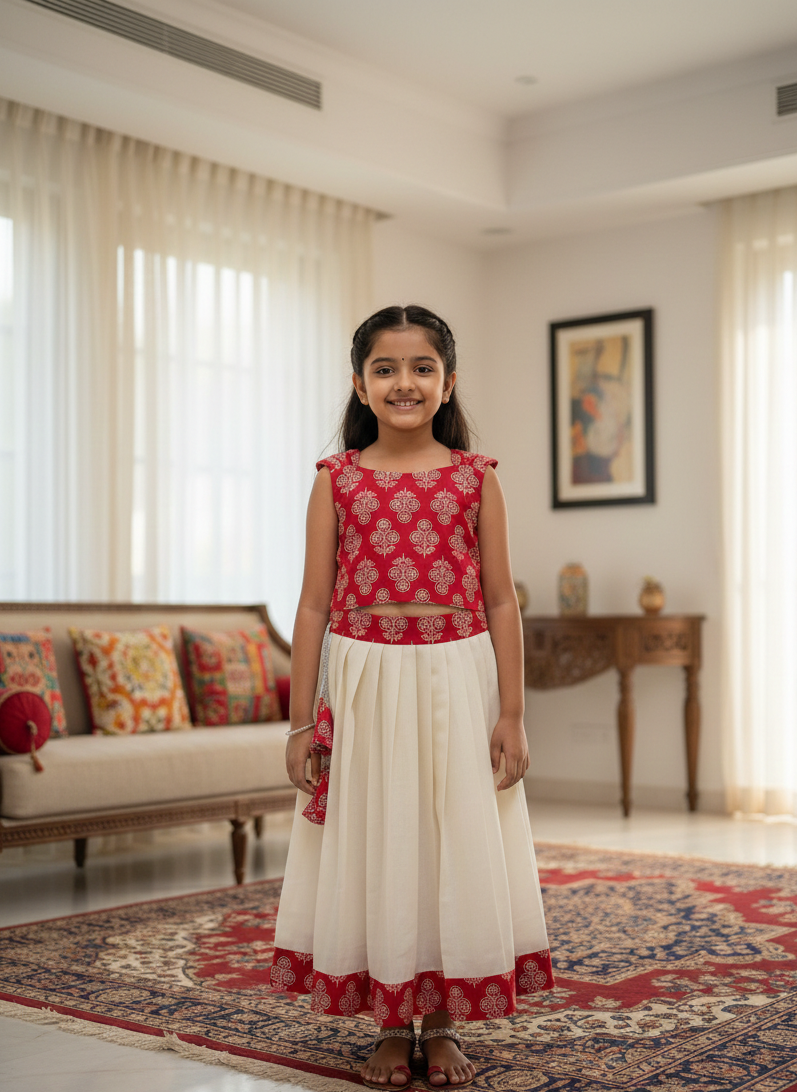 MINI ONAM -M03- AJRAKH RED SKIRT SET