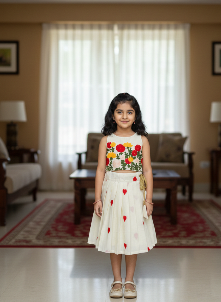 MINI ONAM- CP025- RED YELLOW FLORAL EMBROIDERED SKIRT SET