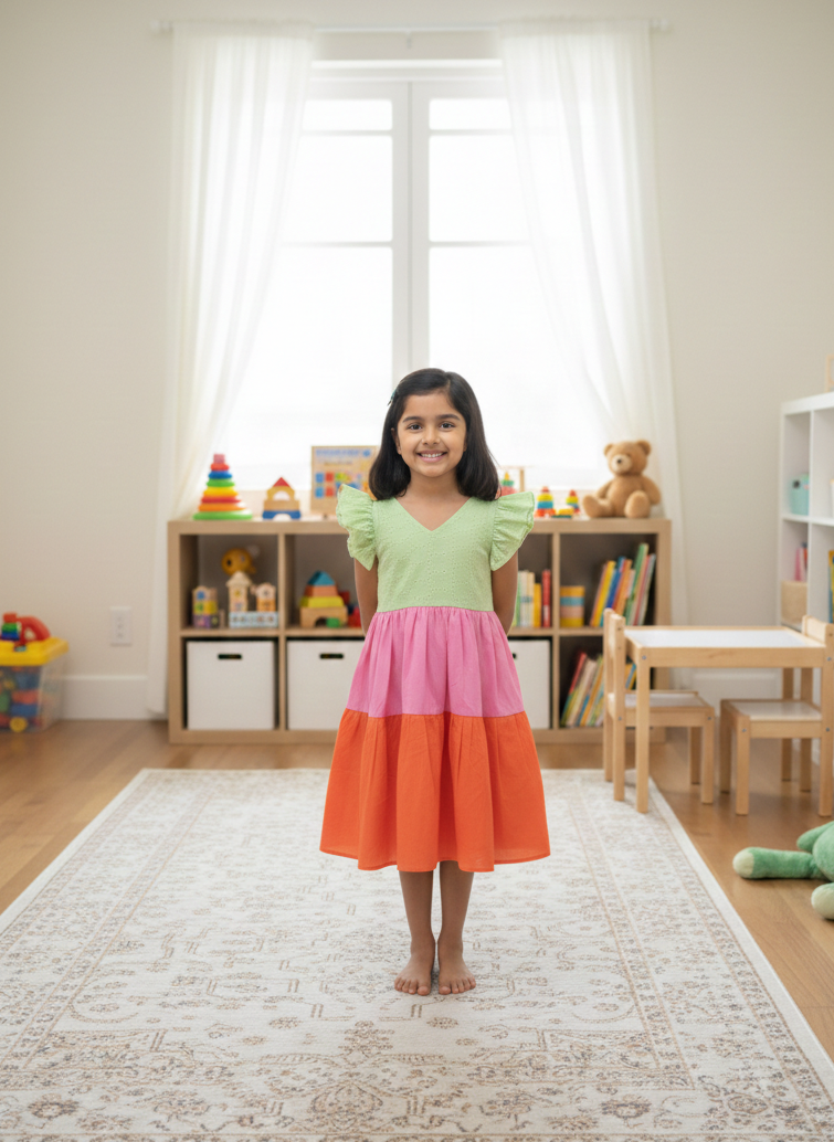 SMOCK DRESS -F04- GREEN TWO LAYER FROCK