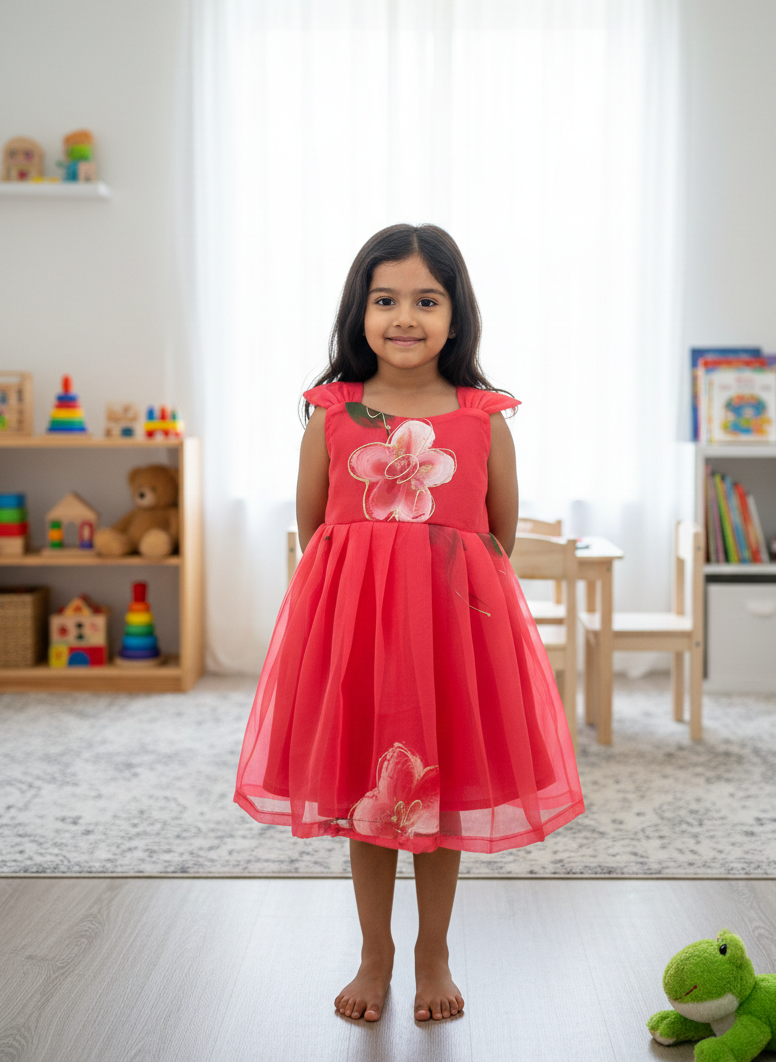 BUBBLY BLOSSOM -F26 RED ORANGE ORGANZA FROCK