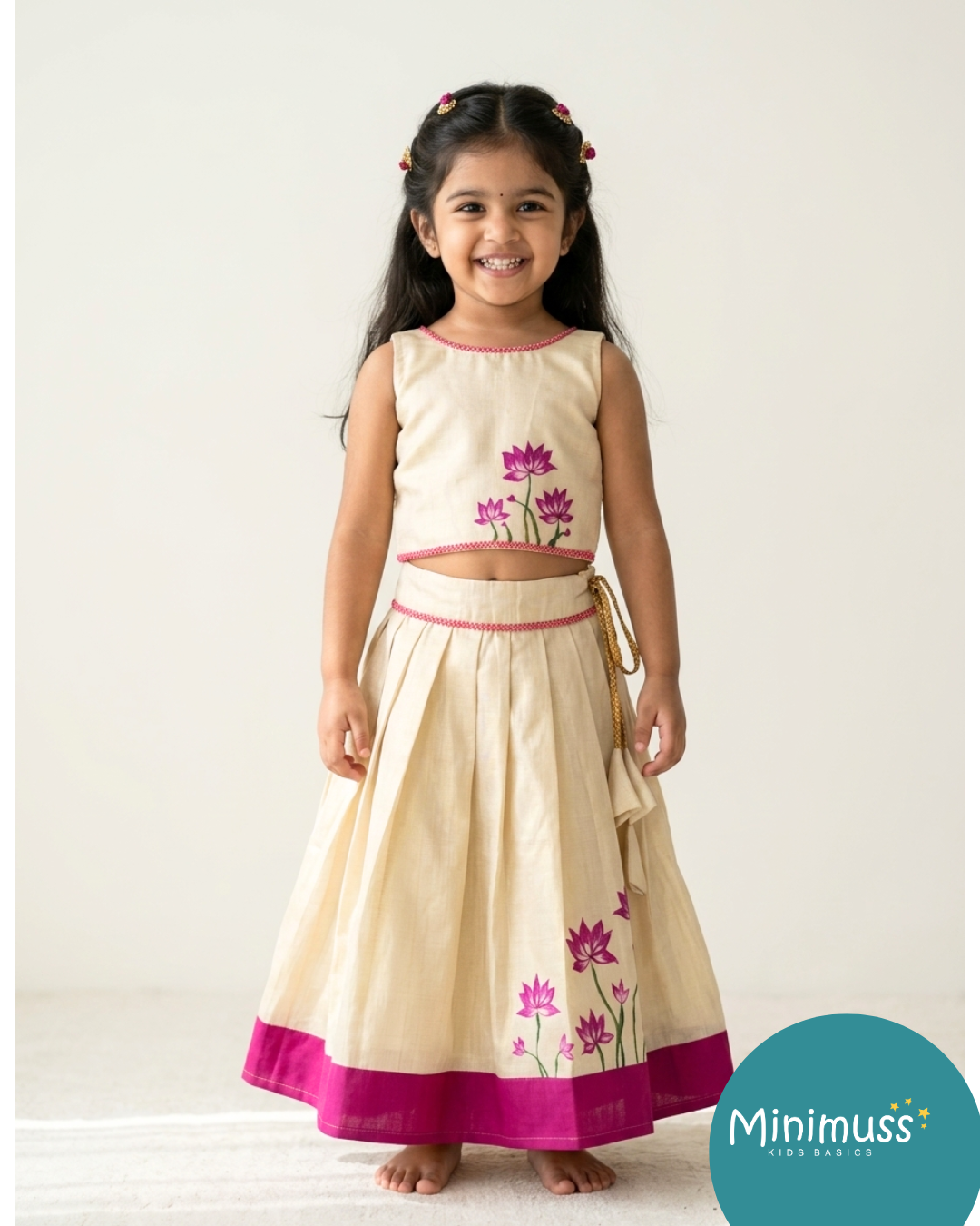 ONAM2026 -024- pink Hand painted skirt set