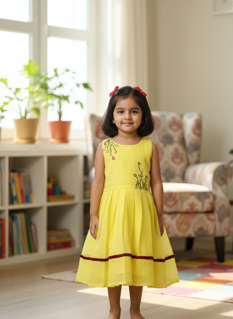 BABY BLOOM CP076-YELLLOW HAND PAINTED CHANDERI COTTON FROCK