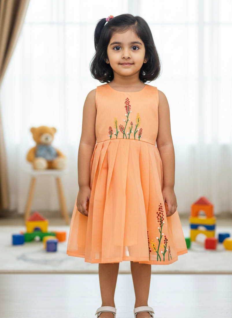 BABY BLOOM CP078-ORANGE HAND PAINTED CHANDERI COTTON FROCK