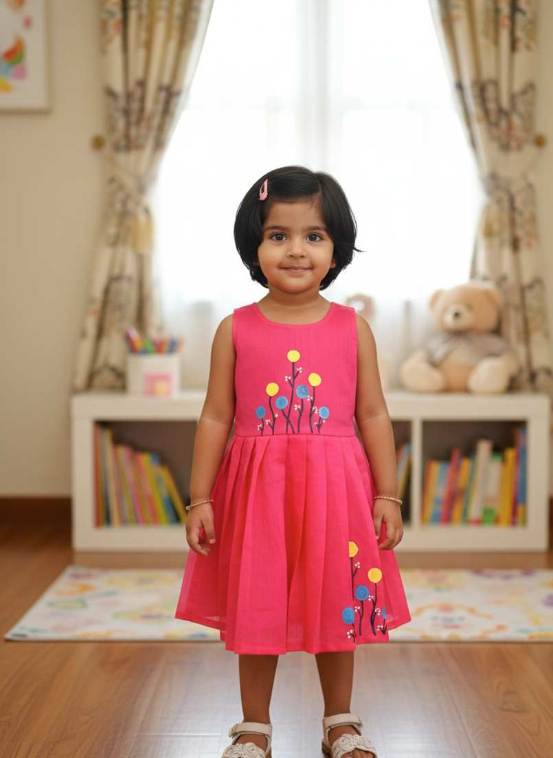 BABY BLOOM CP077-PEACH PINK HAND PAINTED CHANDERI COTTON FROCK