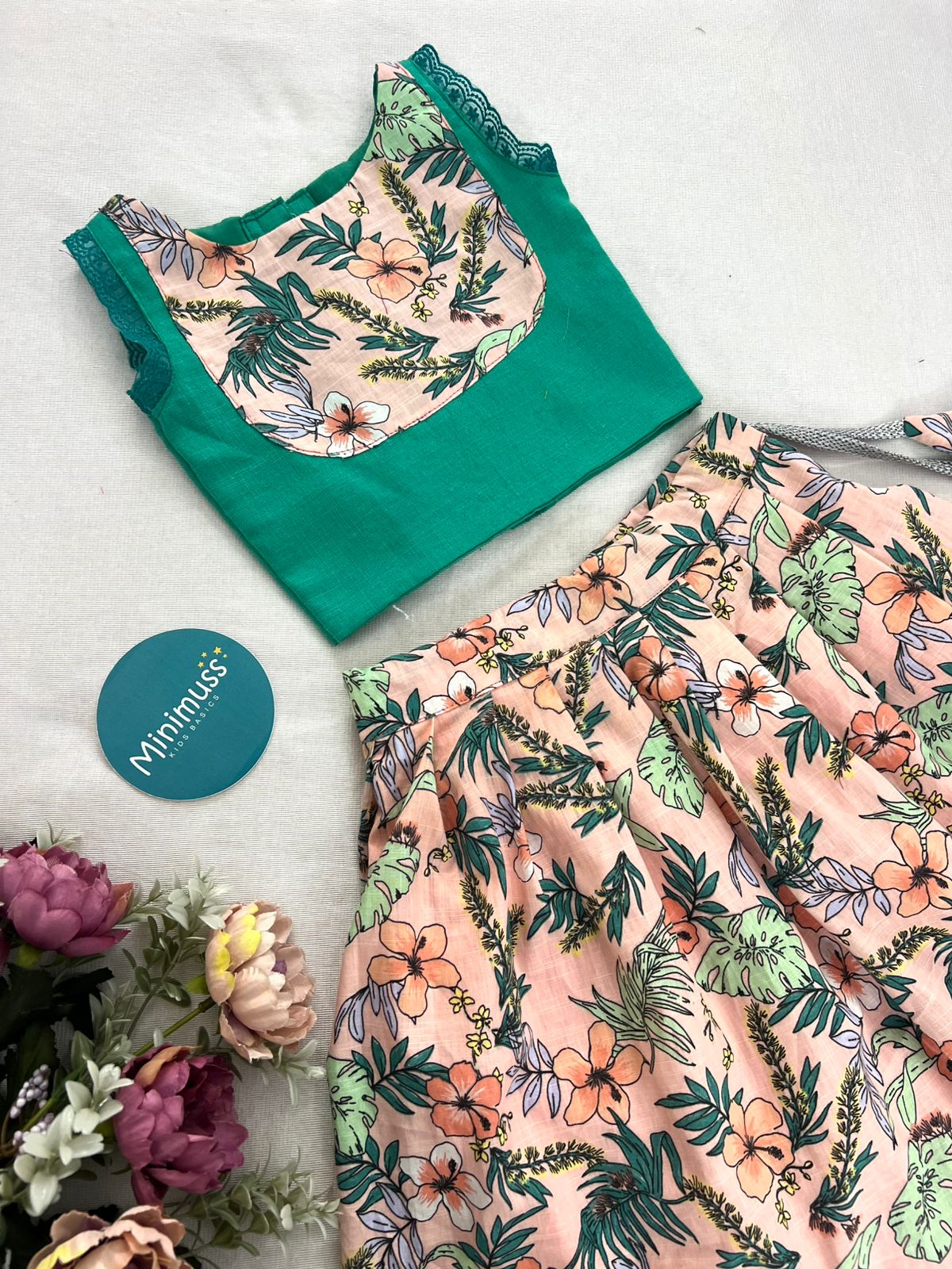 LITTLE BLOOMER GREEN WITH PINK FLORAL SKIRT SET