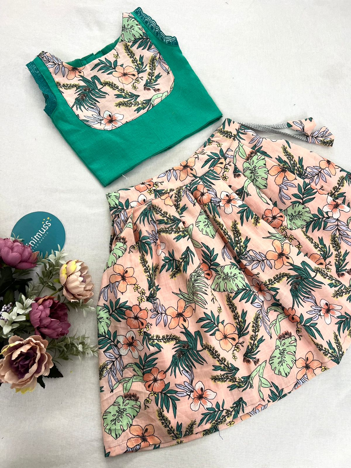 LITTLE BLOOMER GREEN WITH PINK FLORAL SKIRT SET