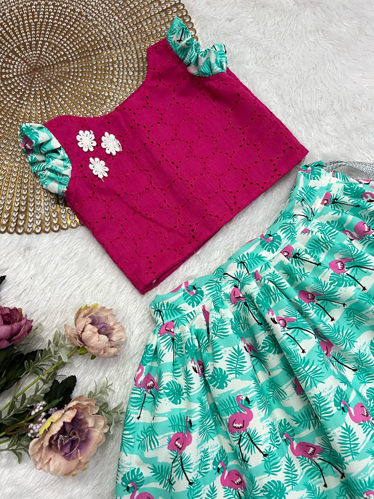 FESTIVE FLARE PINK FLAMINGO SKIRT SET K07