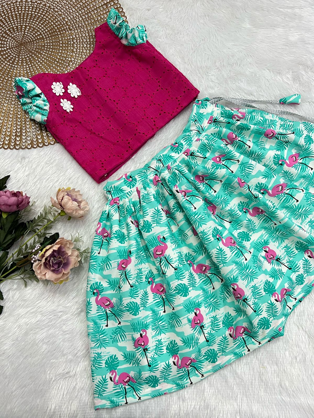 FESTIVE FLARE PINK FLAMINGO SKIRT SET K07
