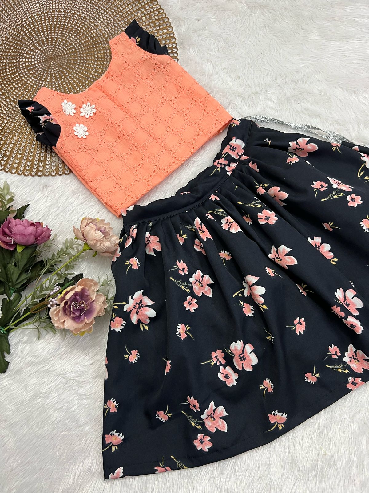 FESTIVE FLARE PEACH FLORAL SKIRT SET