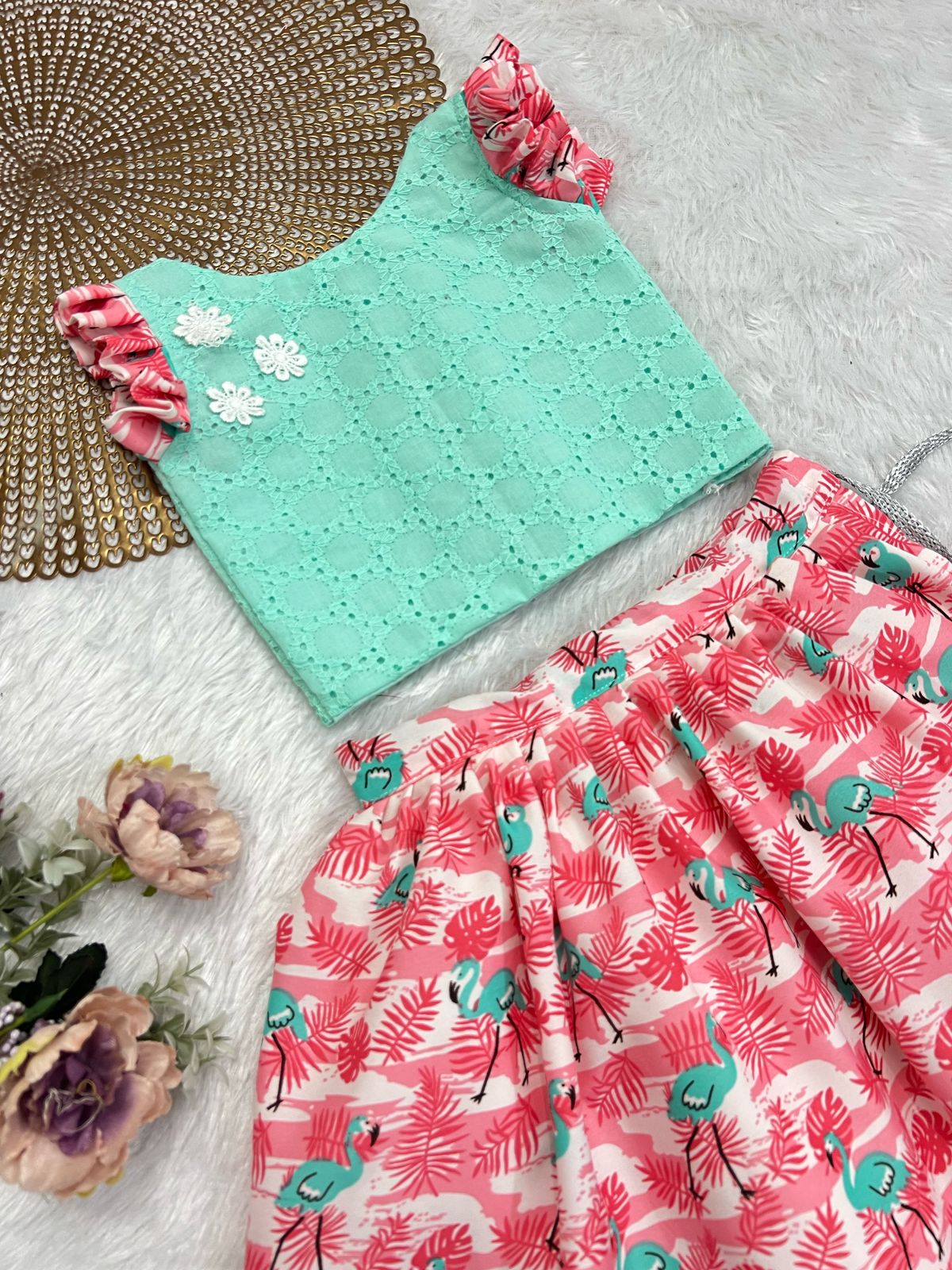 FESTIVE FLARE TEAL FLAMINGO SKIRT SET