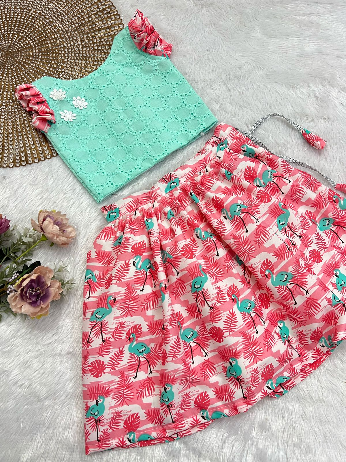 FESTIVE FLARE TEAL FLAMINGO SKIRT SET