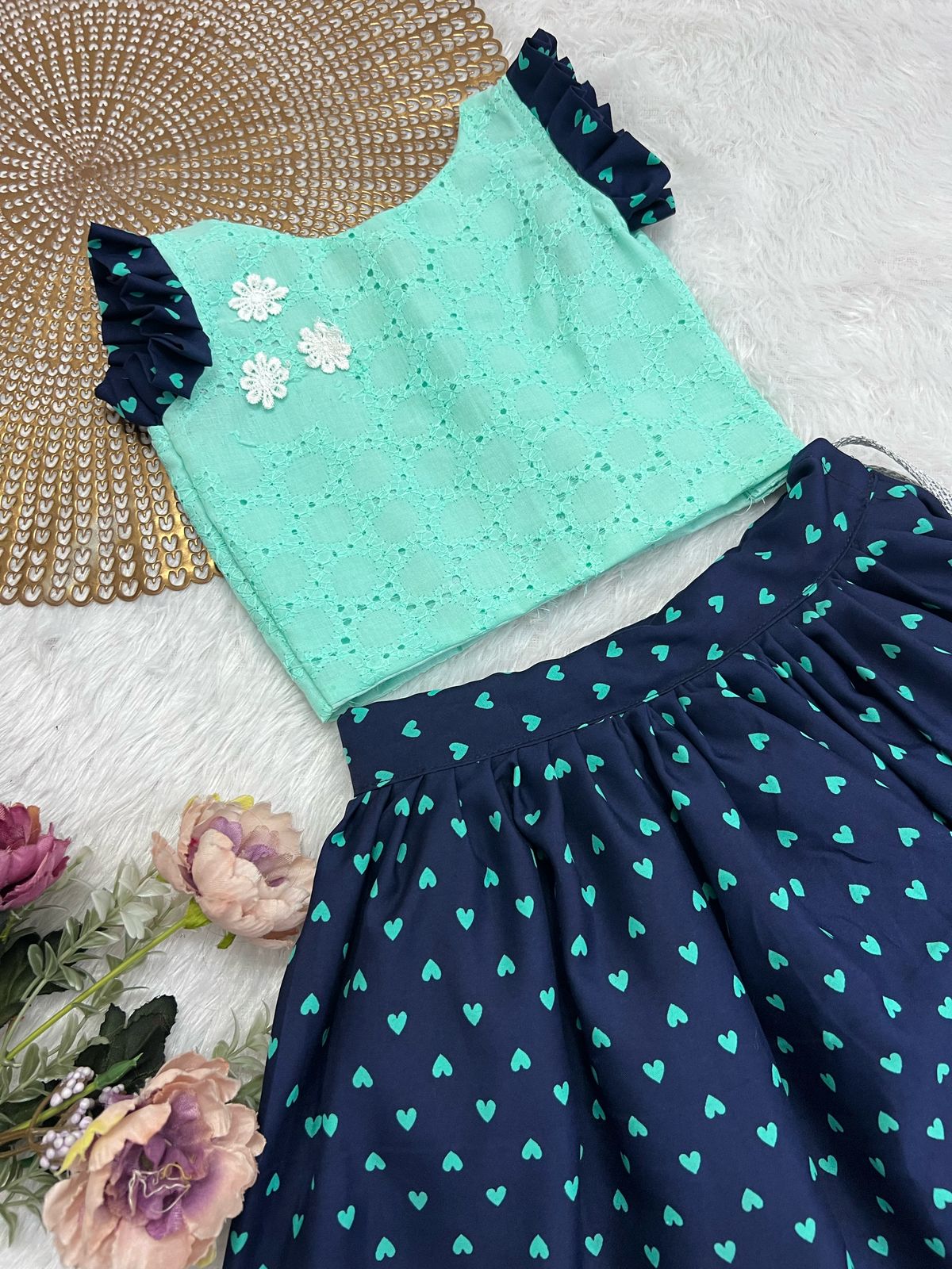 FESTIVE FLARE NAVY HEARTS SKIRT SET