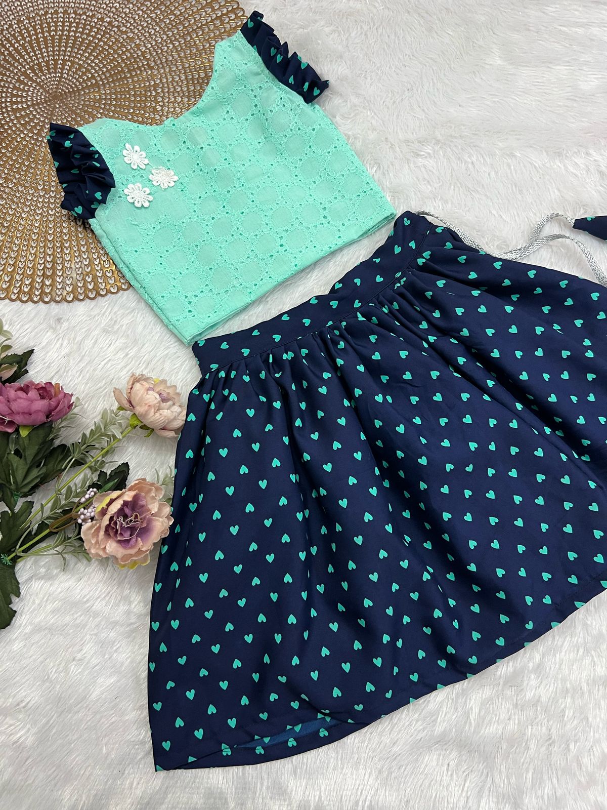 FESTIVE FLARE NAVY HEARTS SKIRT SET