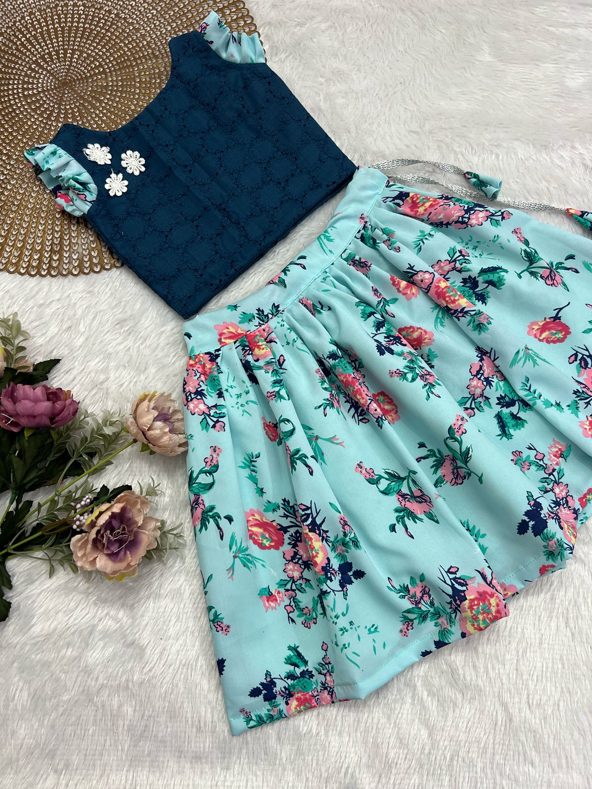 FESTIVE FLARE SKYBLUE FLORAL SKIRT SET