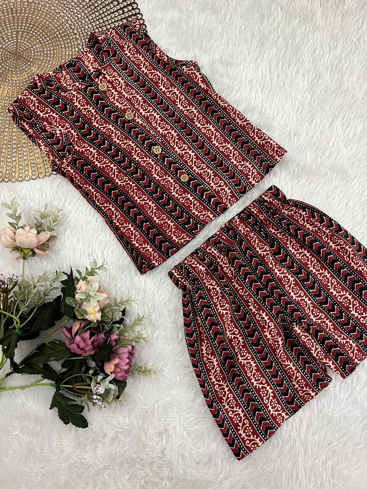 Ajrakh -C90 MAROON STRIPS COORD SET