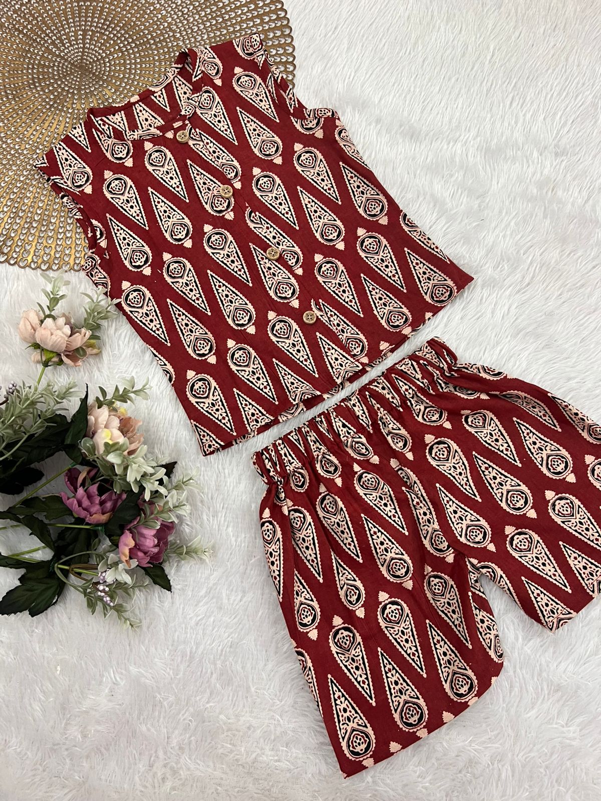 Ajrakh - C92 MAROON HALF WHITE COORD SET