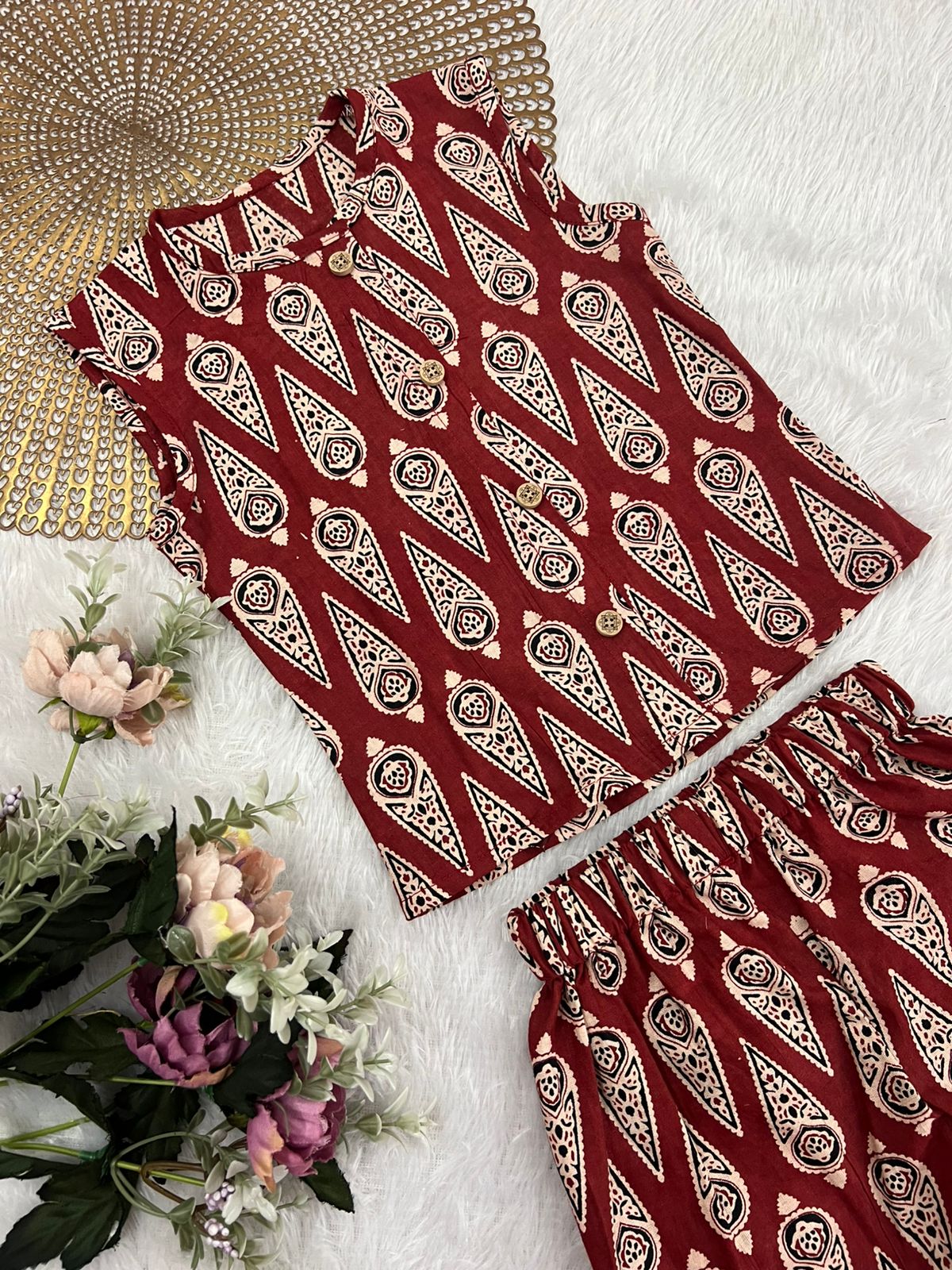 Ajrakh - C92 MAROON HALF WHITE COORD SET