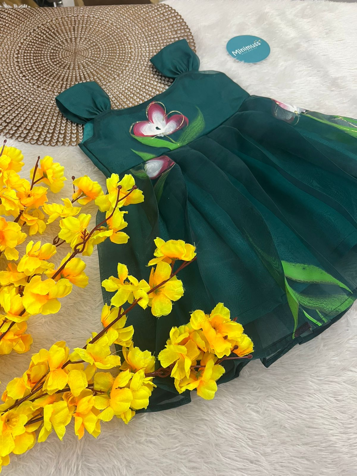 BUBBLY BLOSSOM -F41 BOTTLE GREEN ORGANZA FROCK