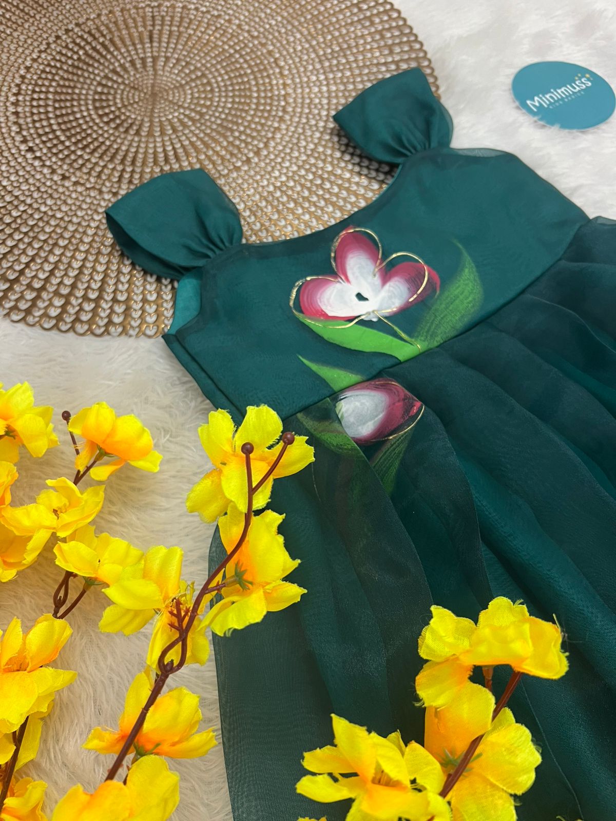 BUBBLY BLOSSOM -F41 BOTTLE GREEN ORGANZA FROCK