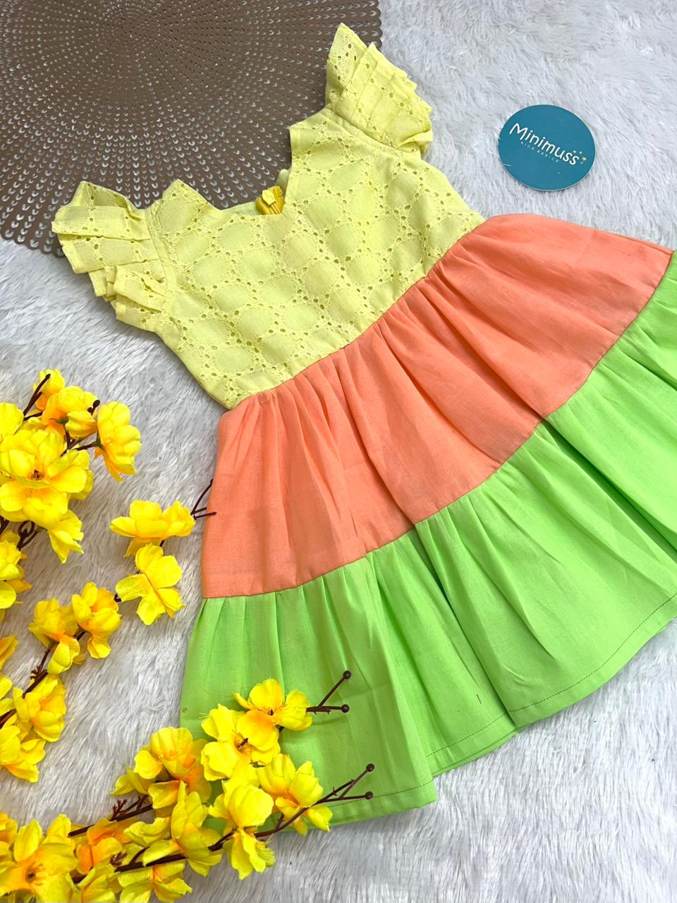 SMOCK DRESS -F02- YELLOW TWO LAYER FROCK