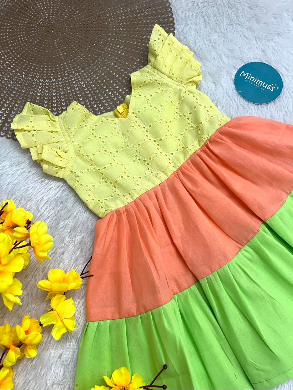 SMOCK DRESS -F02- YELLOW TWO LAYER FROCK