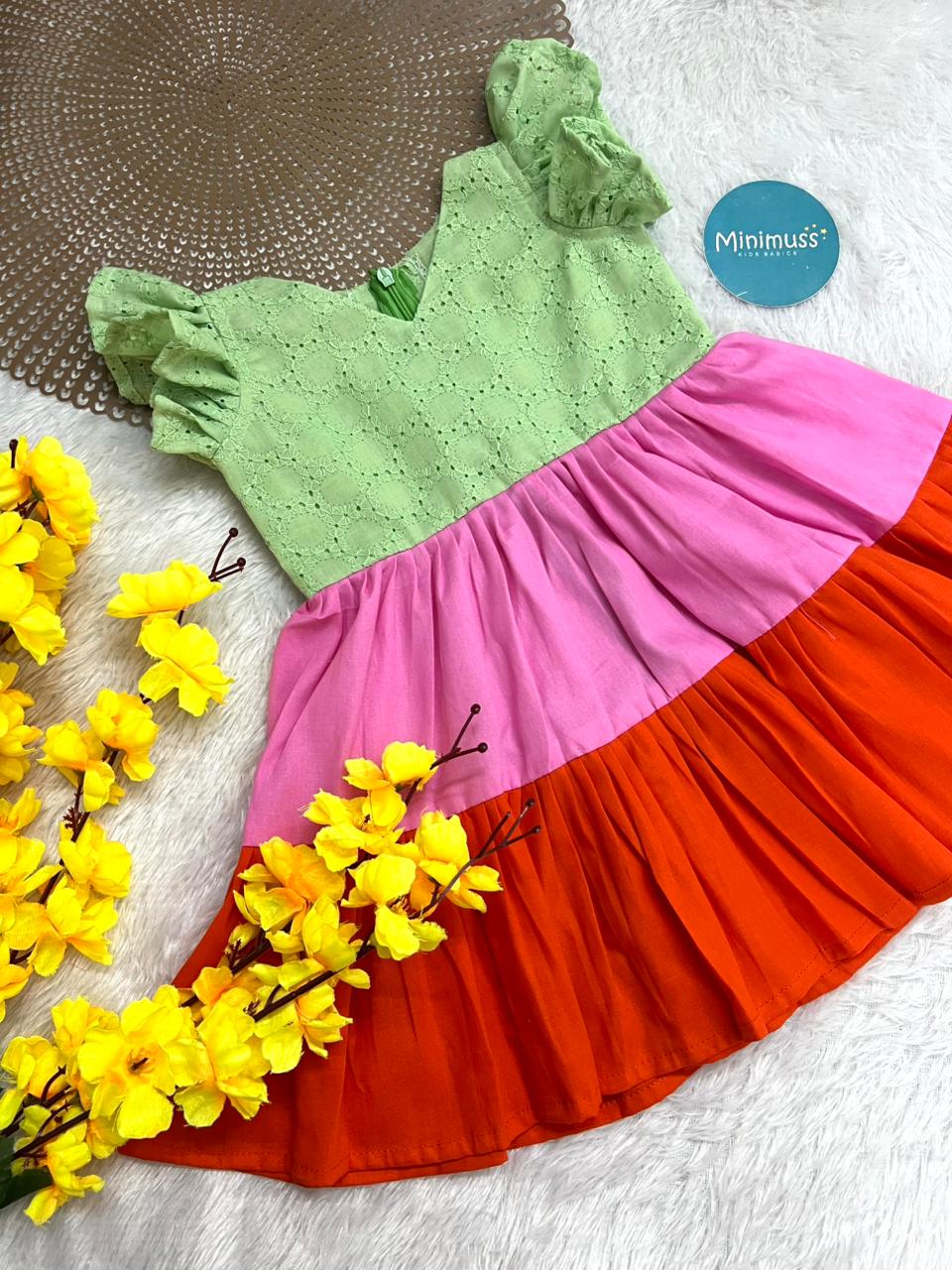 SMOCK DRESS -F04- GREEN TWO LAYER FROCK