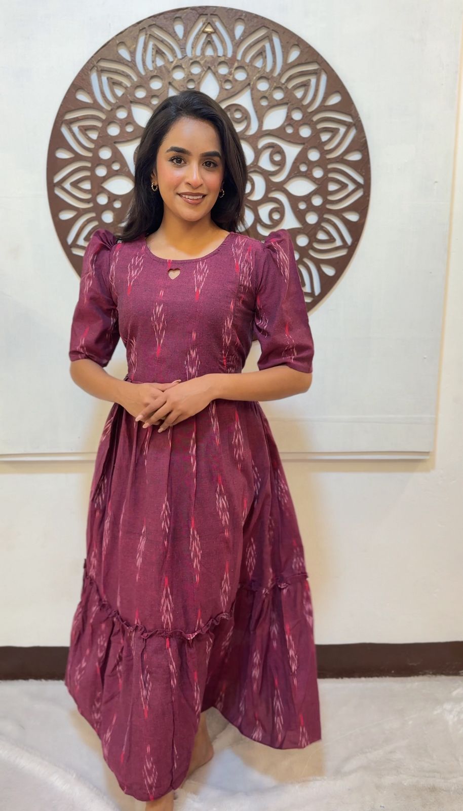 MOM'S MAGIC - MD005 MAROON IKKAT MATERNITY DRESS