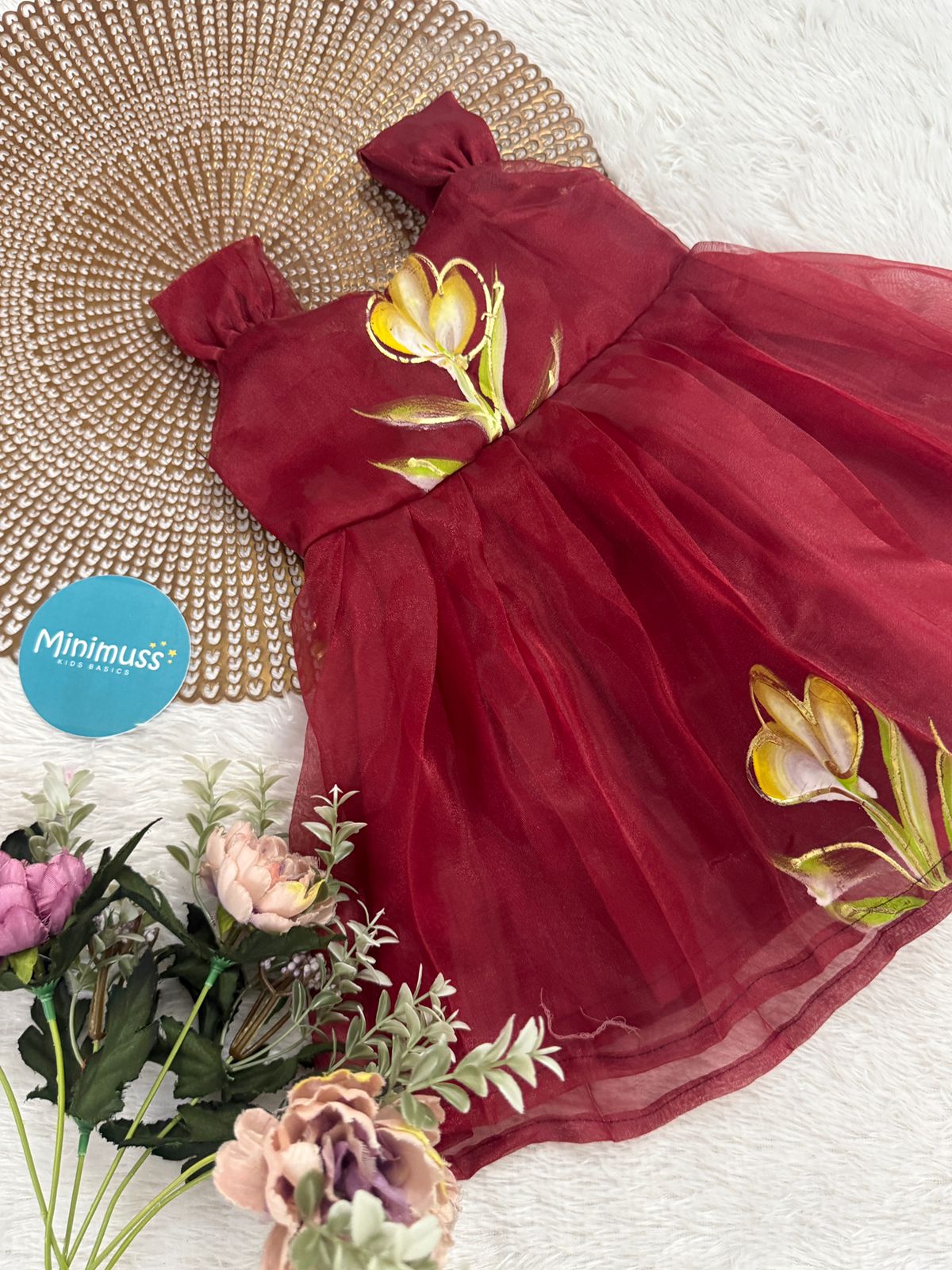 BUBBLY BLOSSOM -F50 MAROON ORGANZA FROCK
