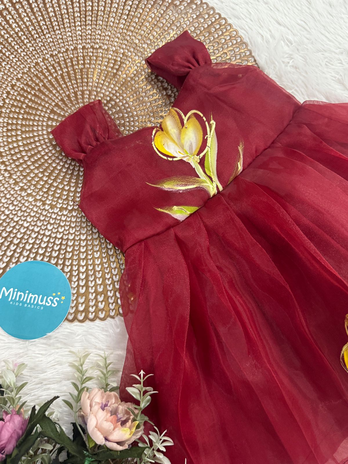 BUBBLY BLOSSOM -F50 MAROON ORGANZA FROCK