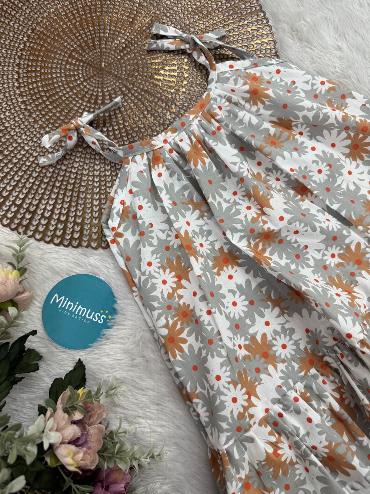 MINI GLOW-F17- WHITE BROWN FLORAL KNOTTED FROCK