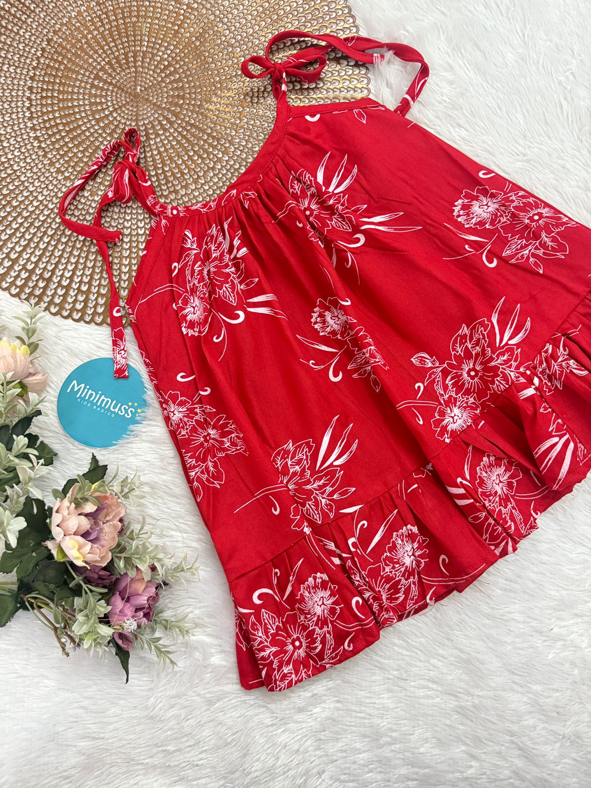 MINI GLOW-F18- RED FLORAL KNOTTED FROCK