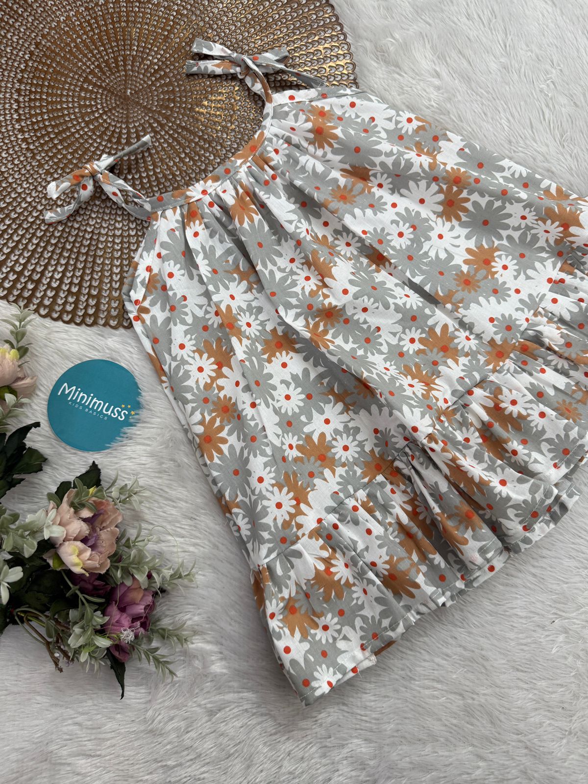 MINI GLOW-F17- WHITE BROWN FLORAL KNOTTED FROCK