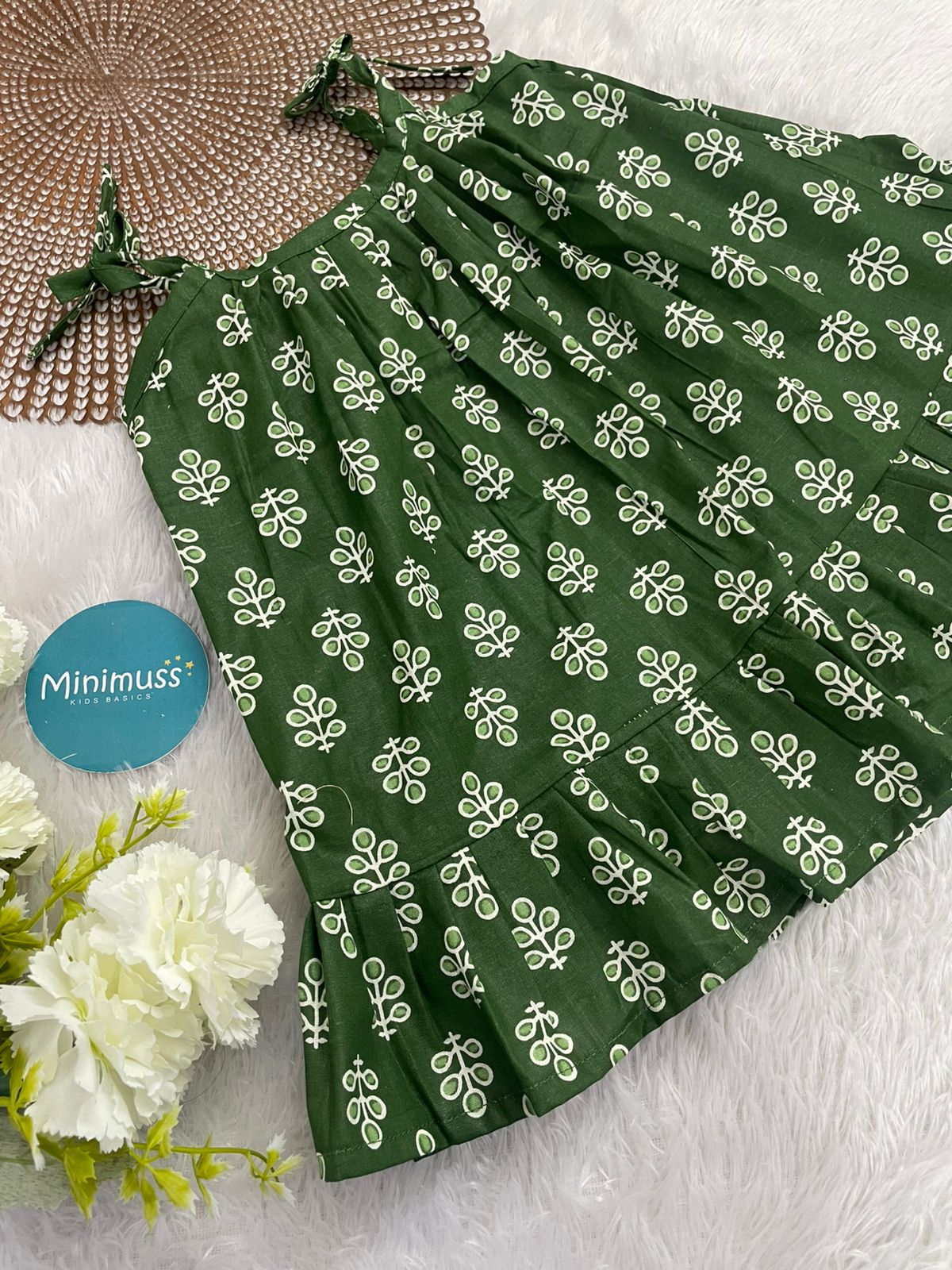 MINI GLOW-F23-GREEN WHITE KNOTTED FROCK