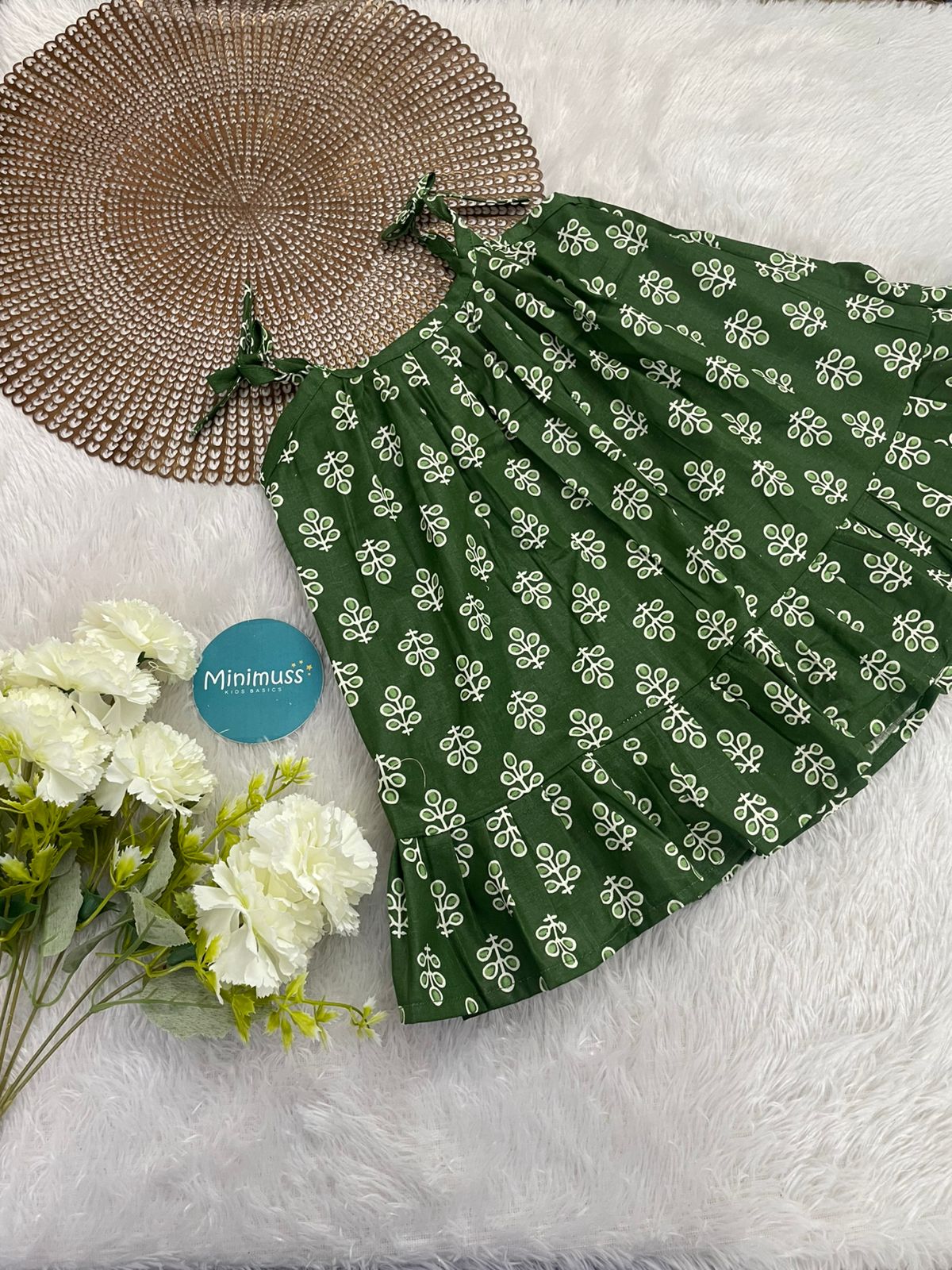 MINI GLOW-F23-GREEN WHITE KNOTTED FROCK