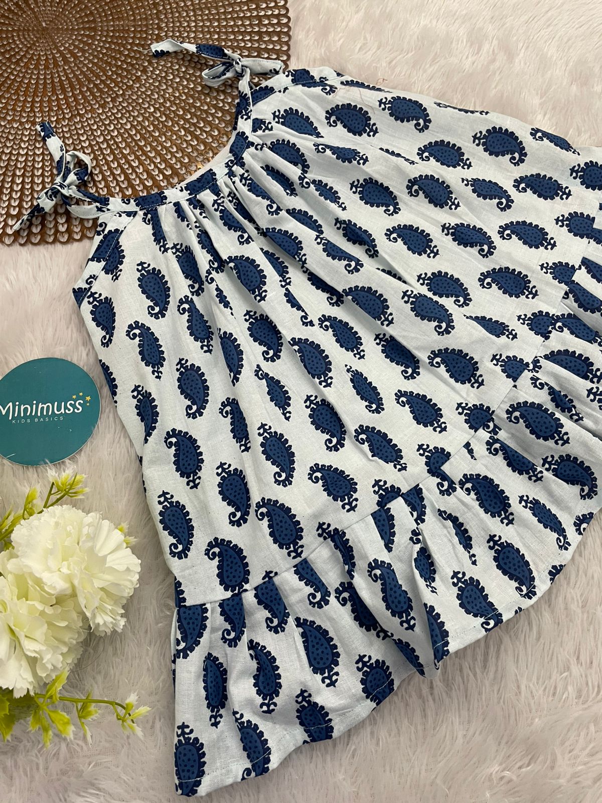 MINI GLOW-F24-WHITE INDIGO KNOTTED FROCK