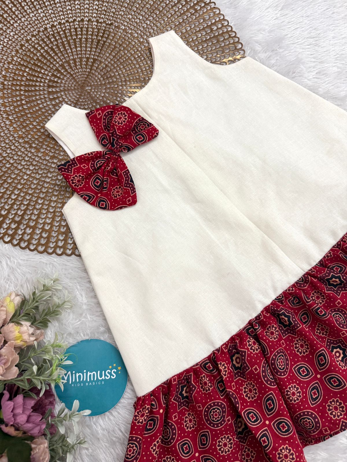 MINI ONAM -M02- AJRAKH RED BOW FROCK