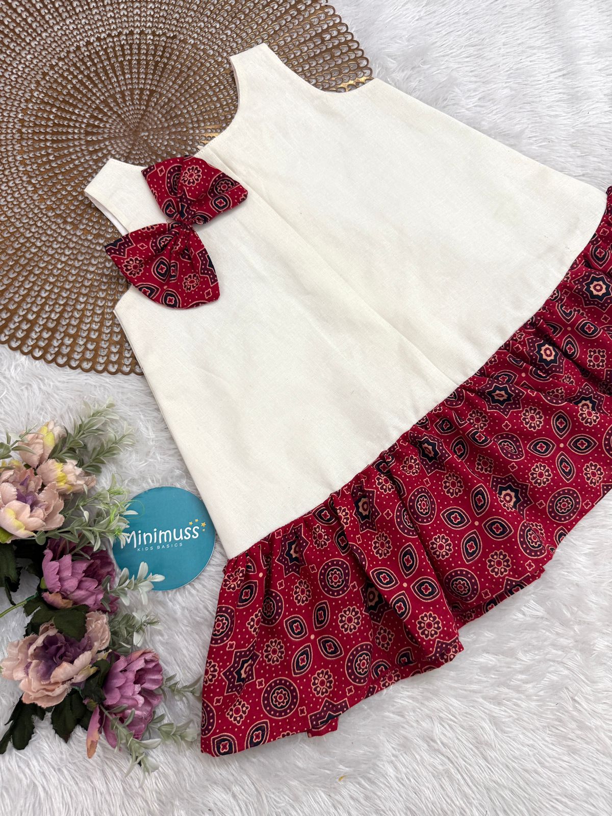 MINI ONAM -M02- AJRAKH RED BOW FROCK