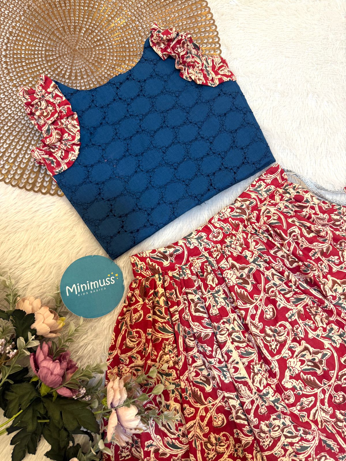 SUMMER CIRCUS-S14 KALAMKARI TEAL BLUE RED SKIRT SET