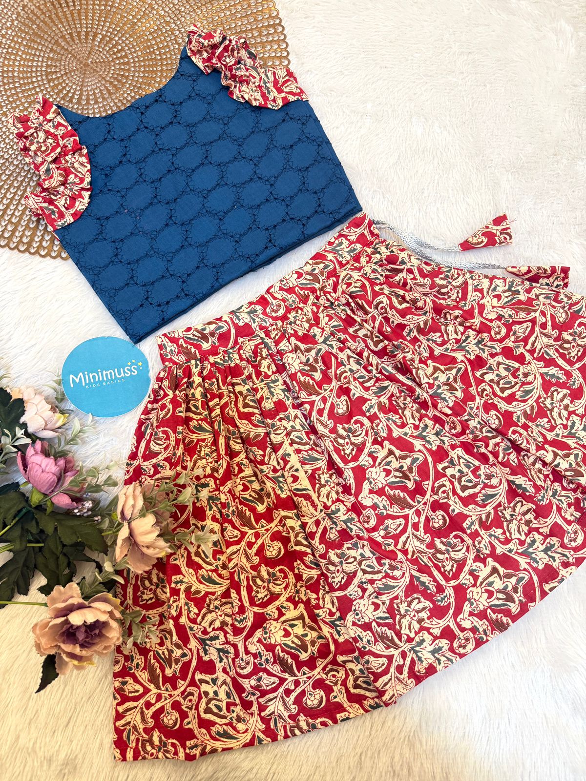 SUMMER CIRCUS-S14 KALAMKARI TEAL BLUE RED SKIRT SET
