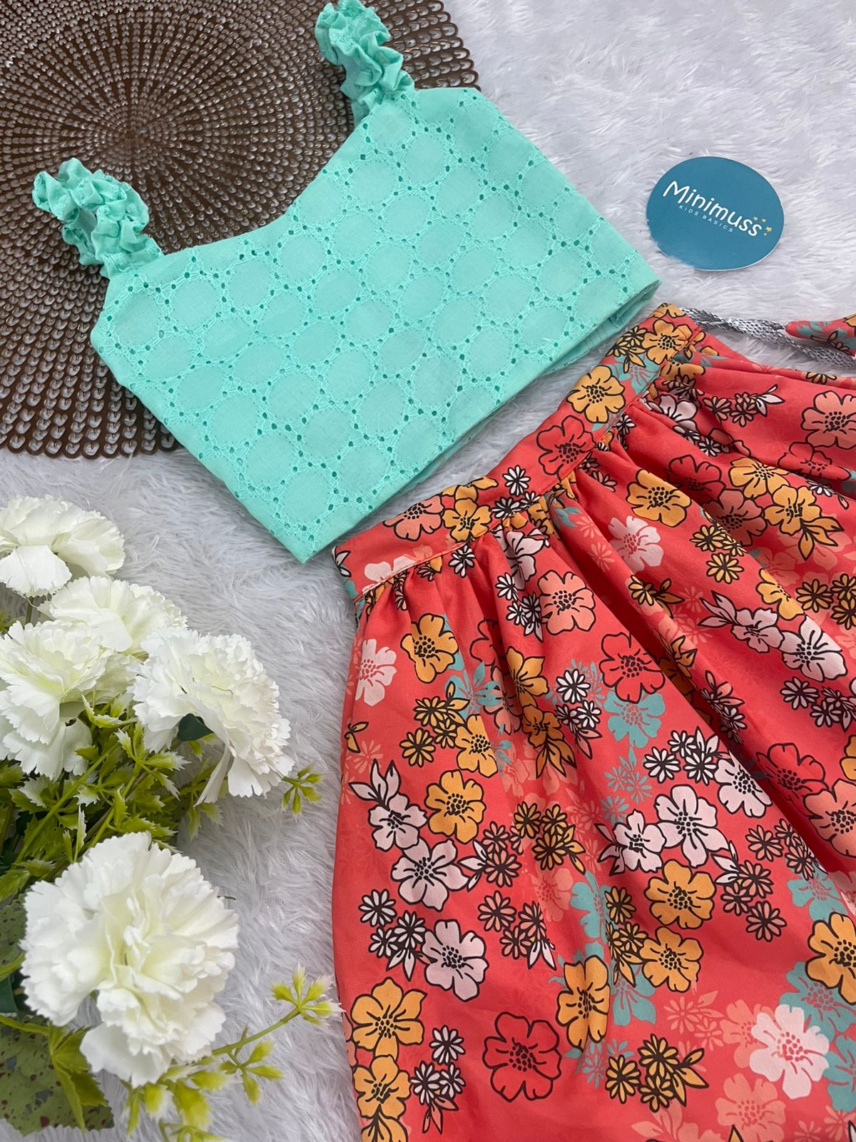 SUNSHINE -MINT BLUE  ORANGE SKIRT SET