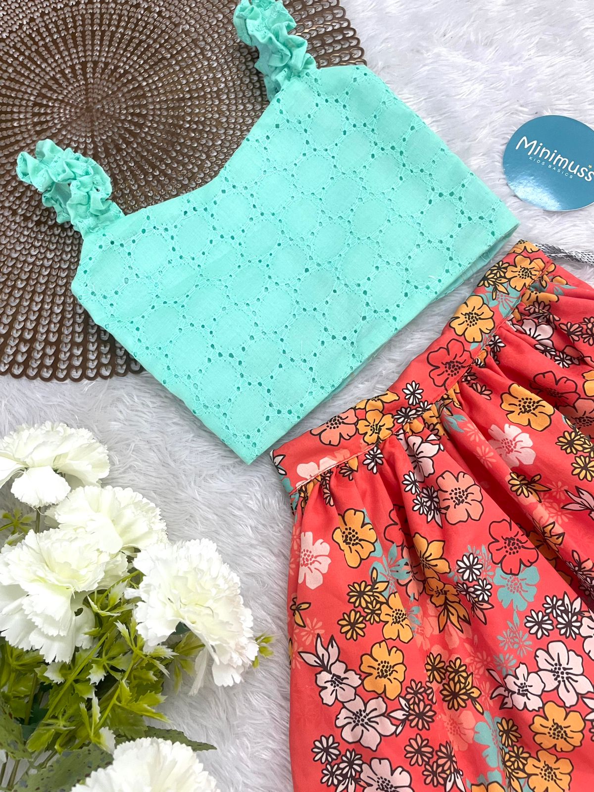 SUNSHINE -MINT BLUE  ORANGE SKIRT SET