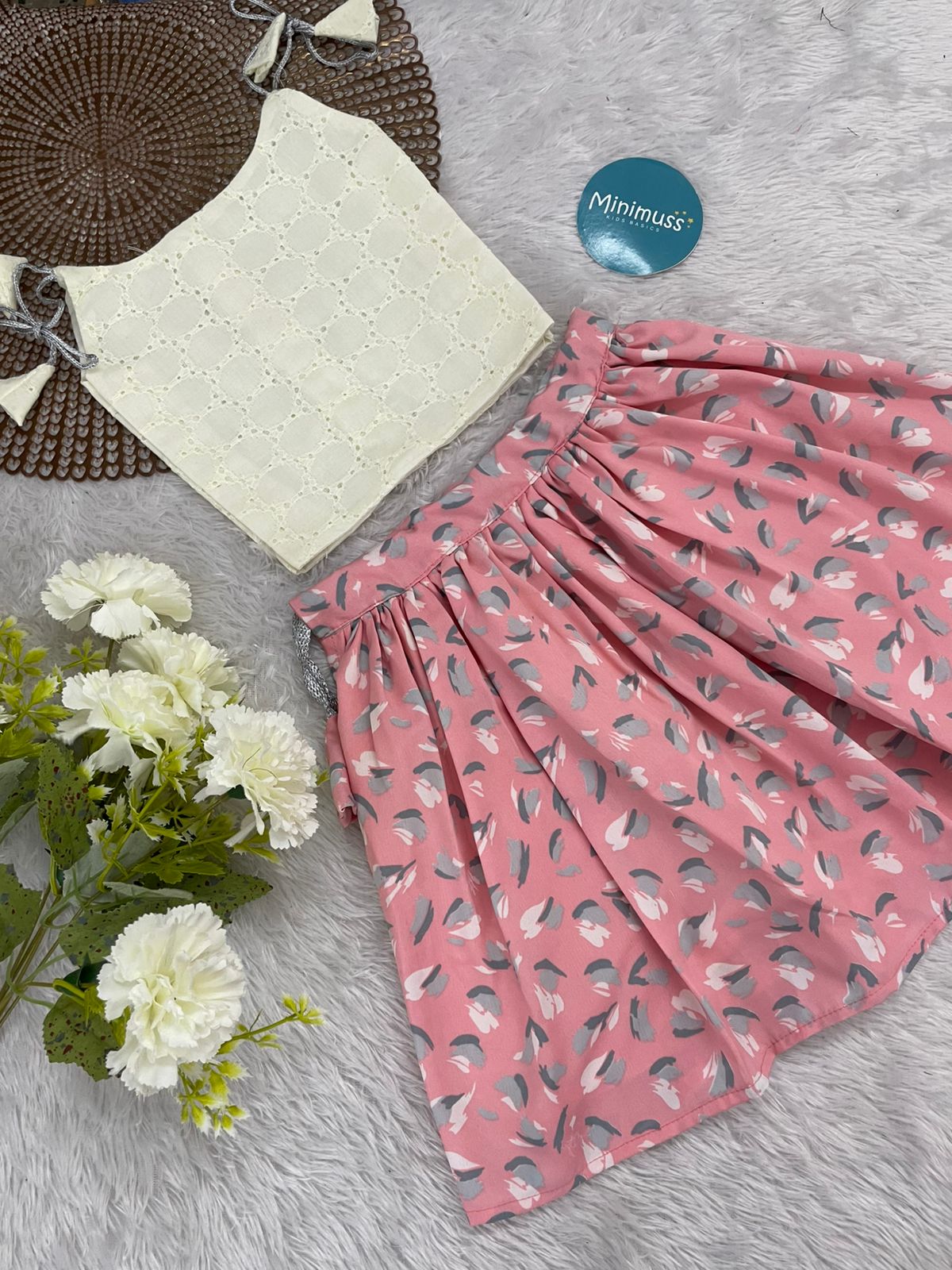 SUNSHINE -  WHITE PINK SKIRT SET
