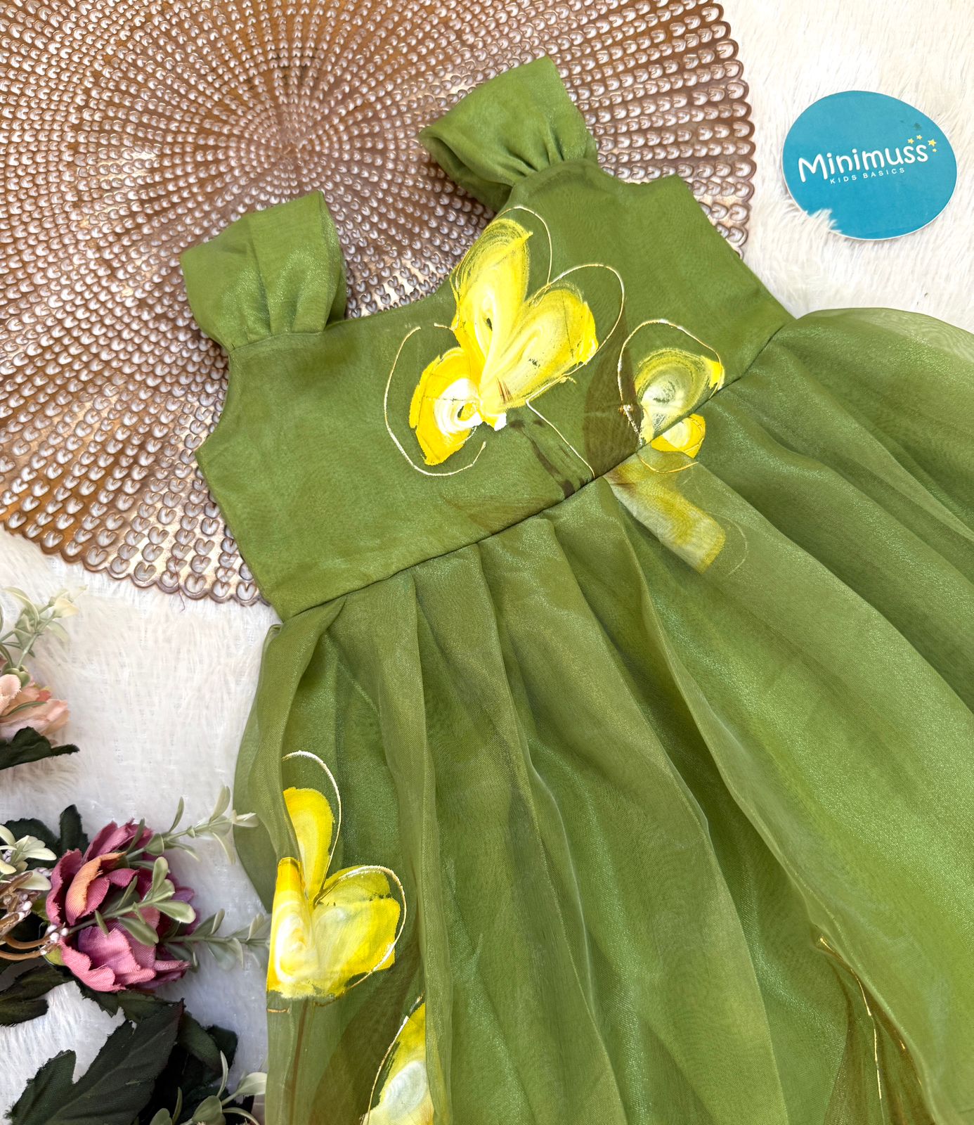 BUBBLY BLOSSOM -F23 OLIVE GREEN ORGANZA FROCK