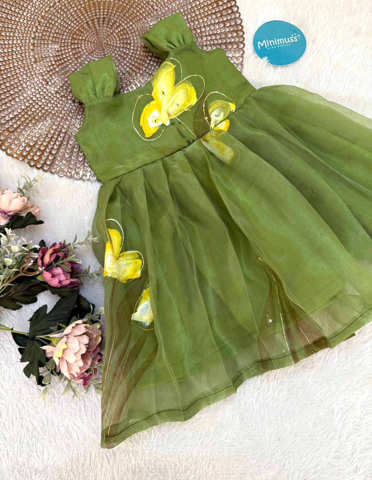 BUBBLY BLOSSOM -F23 OLIVE GREEN ORGANZA FROCK