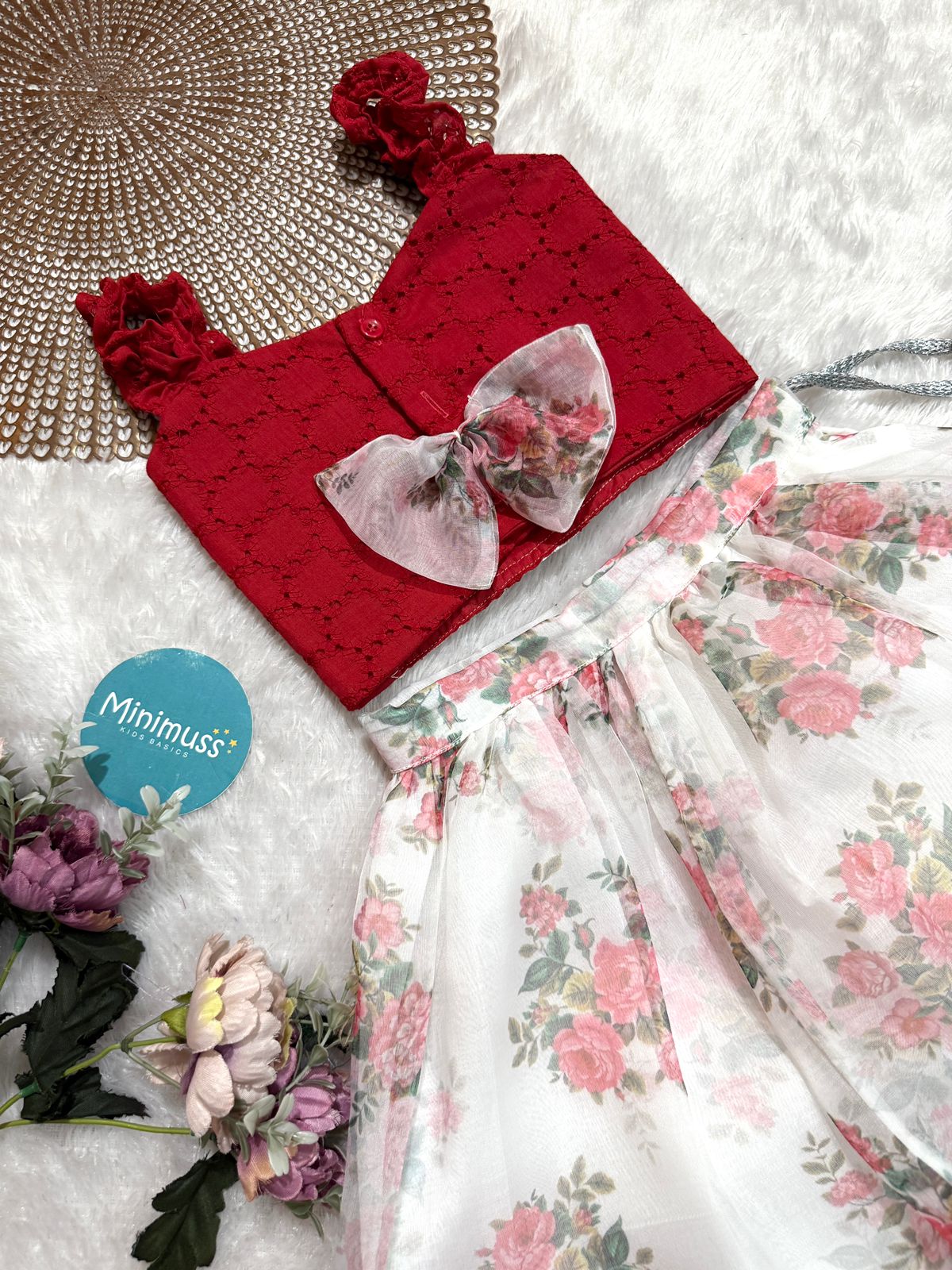 LITTLE PETAL -DC052- WHITE FLORAL ORGANZA SKIRT SET