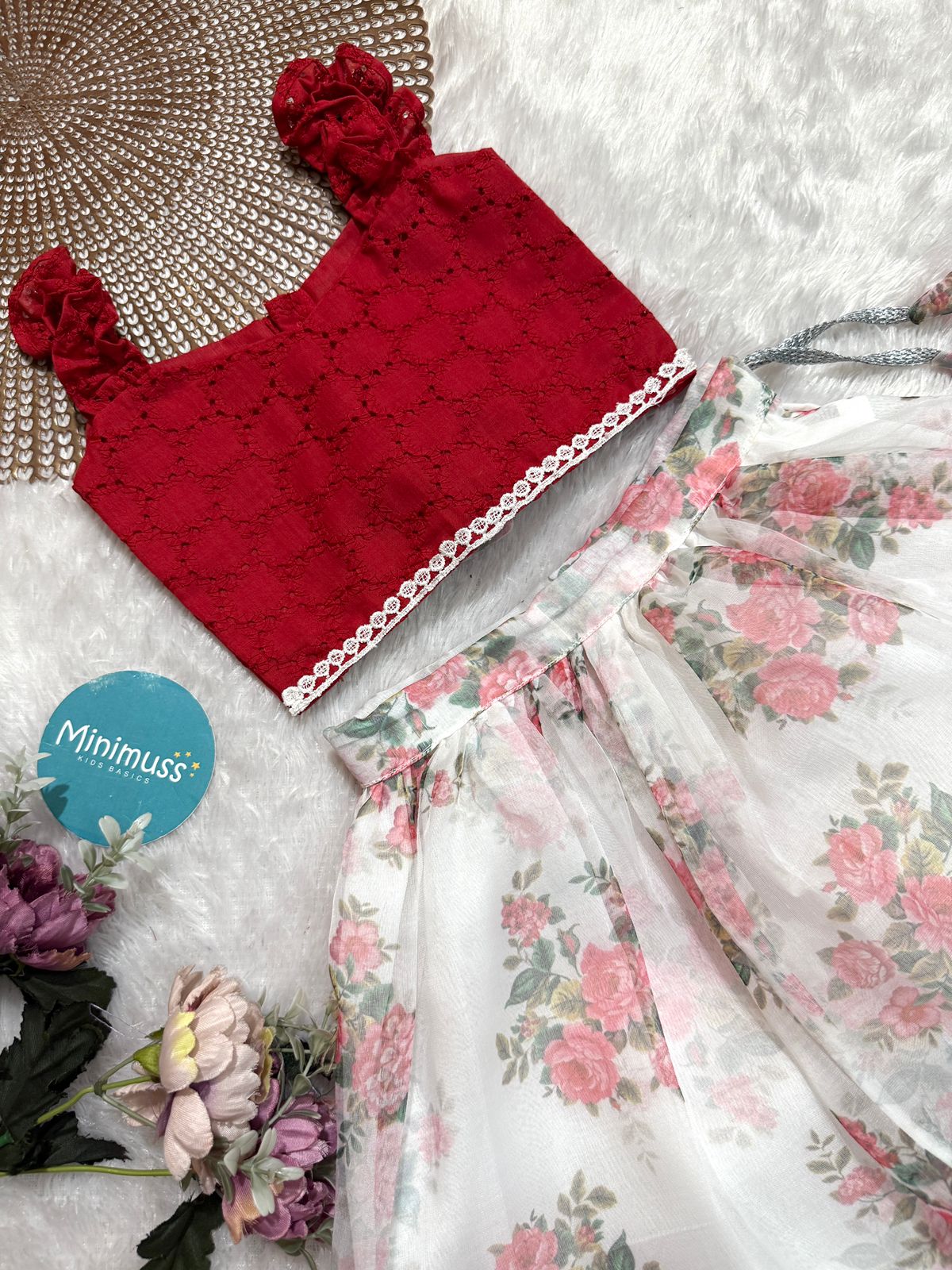 LITTLE PETAL -DC052- WHITE FLORAL ORGANZA SKIRT SET