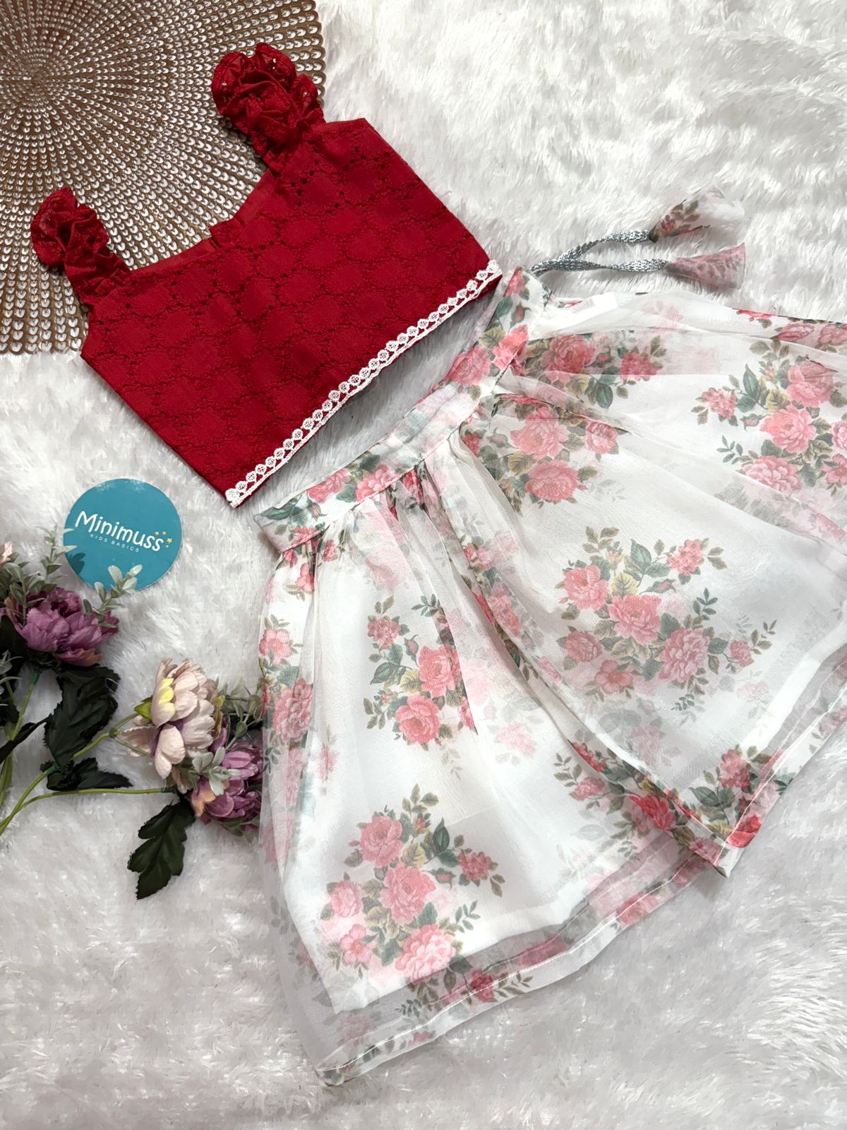 LITTLE PETAL -DC052- WHITE FLORAL ORGANZA SKIRT SET