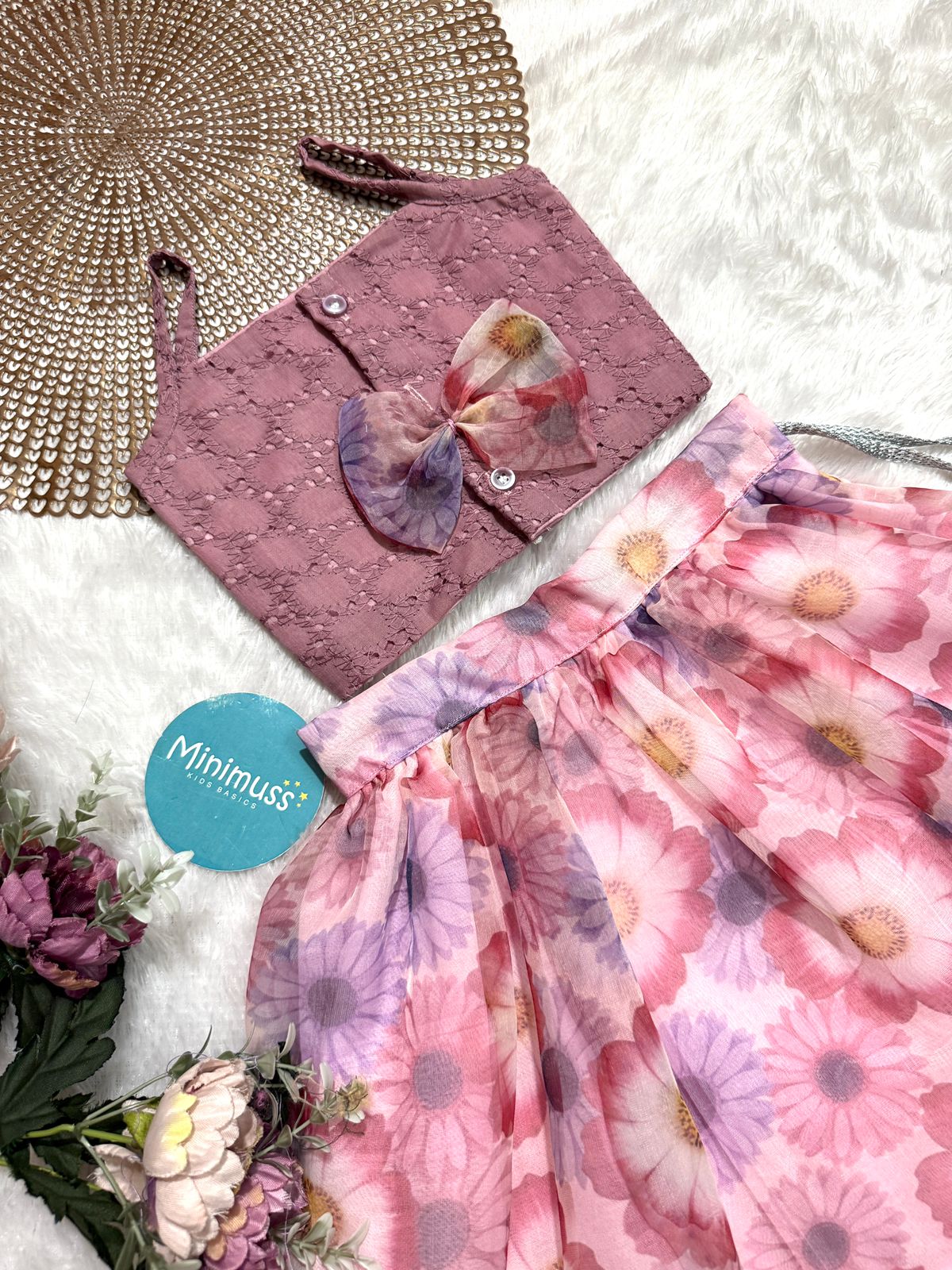 LITTLE PETAL - DC053- MAUVE FLORAL ORGANZA SKIRT SET